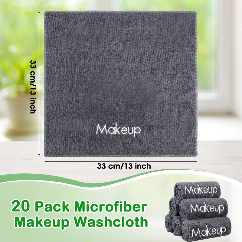 Shimeyao 20 Pack Makeup Washcloths Gray Microfiber Makeup Towels Face Washcloth 13x13 Inch Soft Washable Remover Cloths Quick Dry Embroidery Wash Cloths for Women Cleansing, Travel Hotel - Image 2