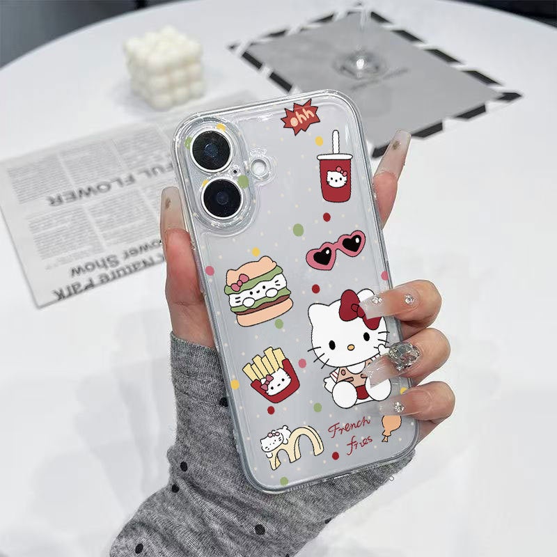 Apple iPhone 16 phone case, TPU shockproof transparent creative hamburger cat design, drop-proof soft case.