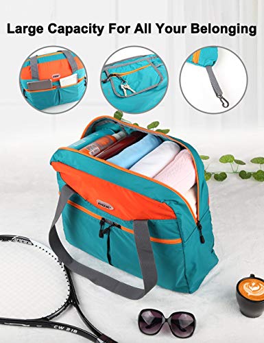 GOX Foldable Bags for Travel Duffel Bag Packable Tote Bag Carry on Luggage Weekender Overnight Bag for Women (Turquoise) - Image 4