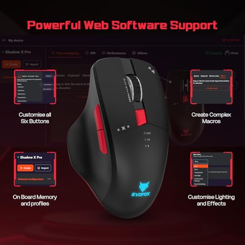 EvoFox Shadow X Pro Wireless Gaming Mouse Tri-Mode Rechargeable | BT, USB 2.4G & Wired, S203 Sensor, 1000Hz Polling Rate, 6400 DPI, RGB Lighting, 6 Programmable Buttons, Software Support - Image 5