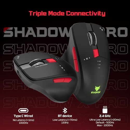 EvoFox Shadow X Pro Wireless Gaming Mouse Tri-Mode Rechargeable | BT, USB 2.4G & Wired, S203 Sensor, 1000Hz Polling Rate, 6400 DPI, RGB Lighting, 6 Programmable Buttons, Software Support - Image 2