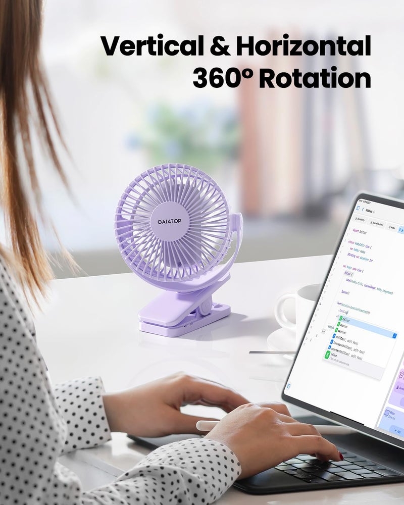 Gaiatop مروحة قابلة للتثبيت من جاياتوب تعمل بالبطارية، مروحة طاولة صغيرة قوية تعمل عبر USB، مروحة مكتب مصغرة قابلة للشحن بهدوء بثلاث سرعات، مروحة تبريد شخصية تدور 360° للمنزل والمكتب وعربات الأطفال والتخييم - Image 3