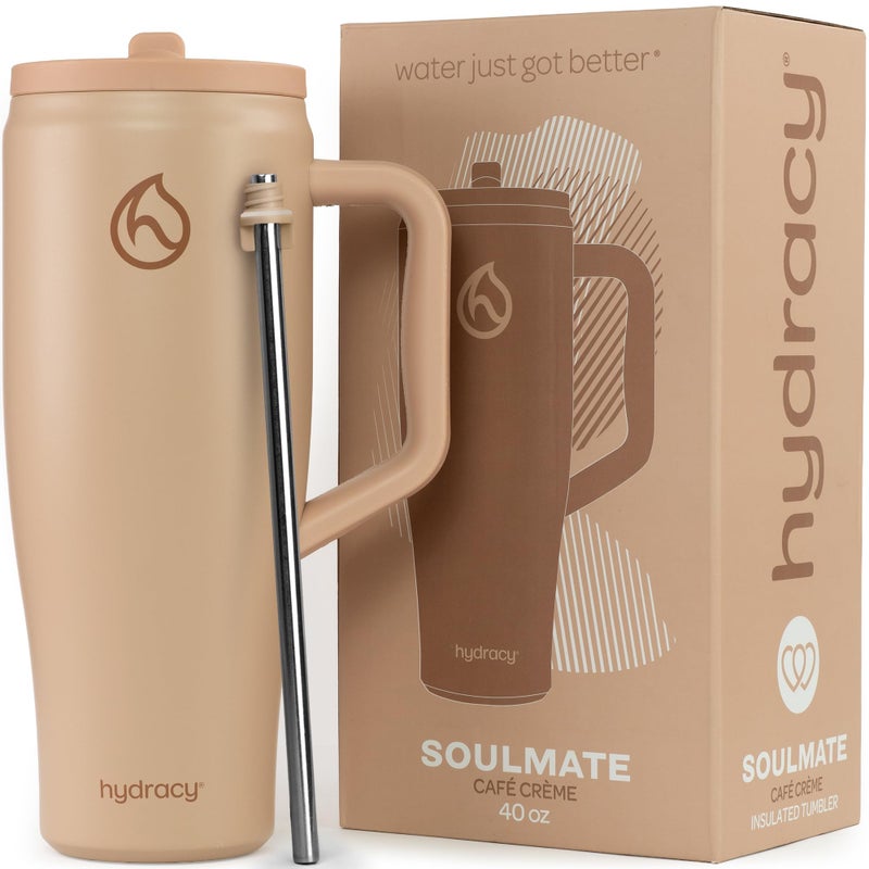 Hydracy Soulmate 40 oz Tumbler with Handle and Flip Straw - 100% Leakproof Reusable Insulated Cup with Stainless Steel Straw - Cupholder Friendly Rubber Base Travel Mug - Cafe Creme - Image 1