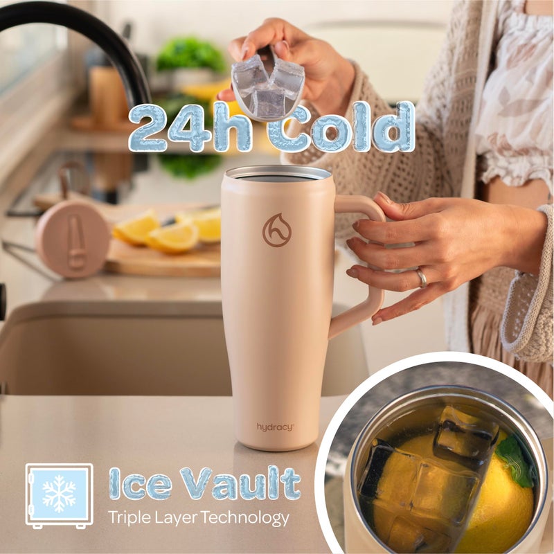 Hydracy Soulmate 40 oz Tumbler with Handle and Flip Straw - 100% Leakproof Reusable Insulated Cup with Stainless Steel Straw - Cupholder Friendly Rubber Base Travel Mug - Cafe Creme - Image 2