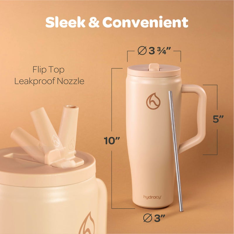 Hydracy Soulmate 40 oz Tumbler with Handle and Flip Straw - 100% Leakproof Reusable Insulated Cup with Stainless Steel Straw - Cupholder Friendly Rubber Base Travel Mug - Cafe Creme - Image 3