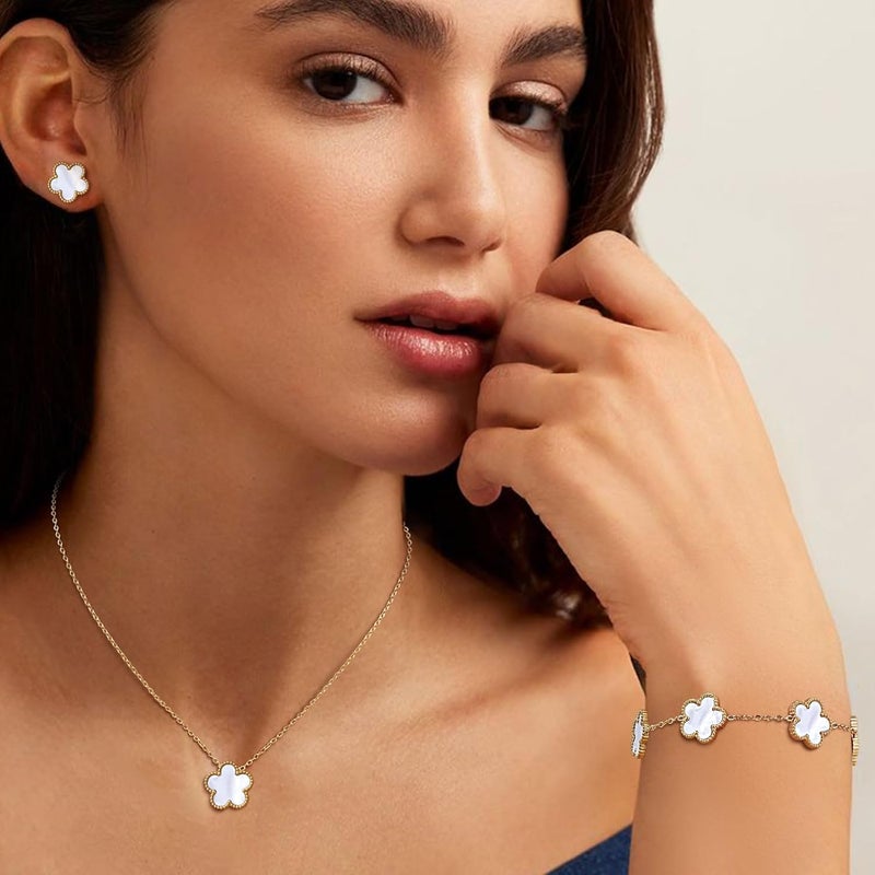 MPRAINBOW Gold Necklaces Bracelets Earring Set - 18K Gold Plated Flower Bracelet, Stainless Steel Non-Tarnish Floral Pendant Stud Jewelry Sets, Christmas Birthday Lucky Gift for Her Mom Wife Daughter Girlfriend - Image 4