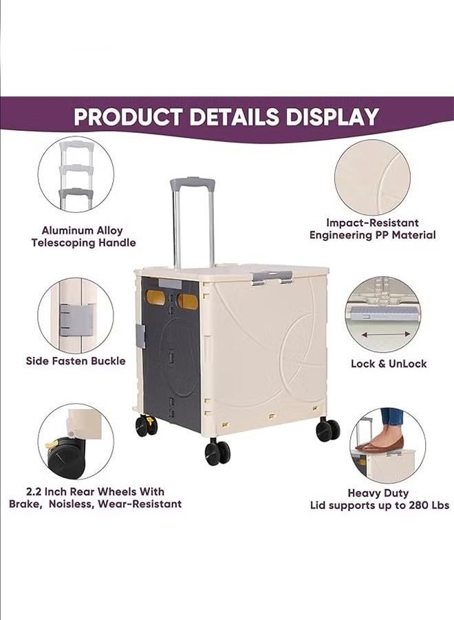 Multifunctional Storage Trolley with Wheels, Foldable Portable Trolley, Beige。 - Image 2