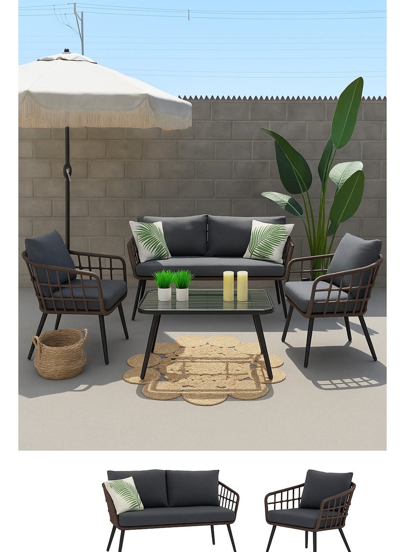 73Hours 4-Piece Outdoor Patio Furniture Set with Glass Top Table – Modern Rattan Coffee Set with Cushions – Weatherproof Wicker Sofa for Garden, Balcony, Terrace  Backyard - Image 1