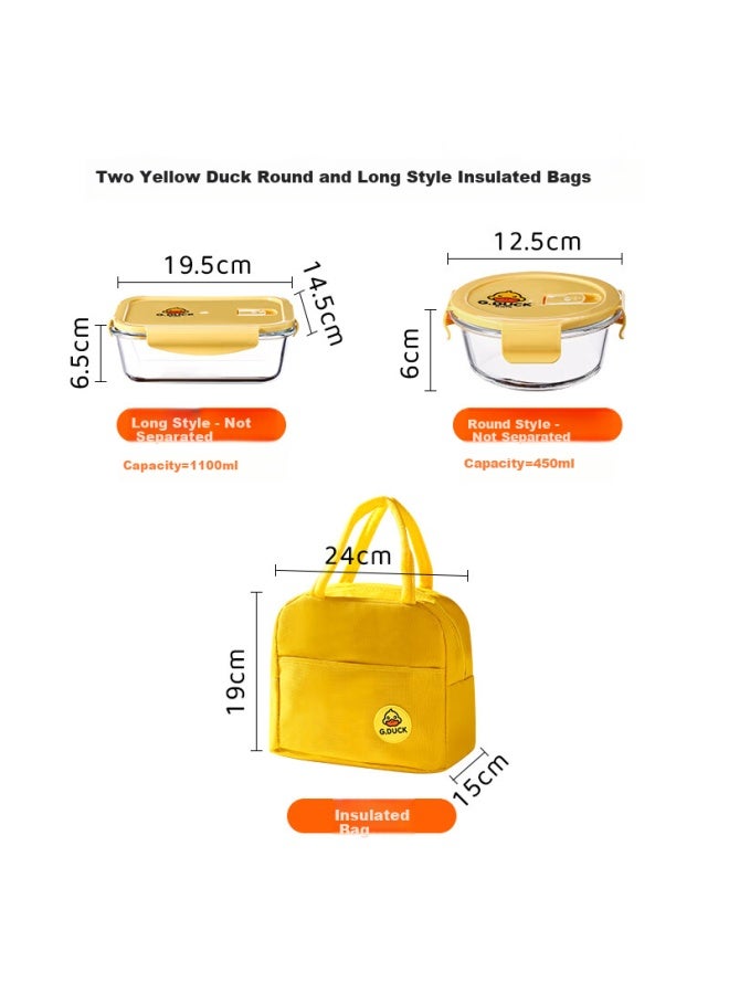 Cilock Yellow Duck Heat-resistant Glass Food Container Lunch Box For Office Workers With Sealed Bento Box Length 1100ml + Round 450ml + Bag - Image 3