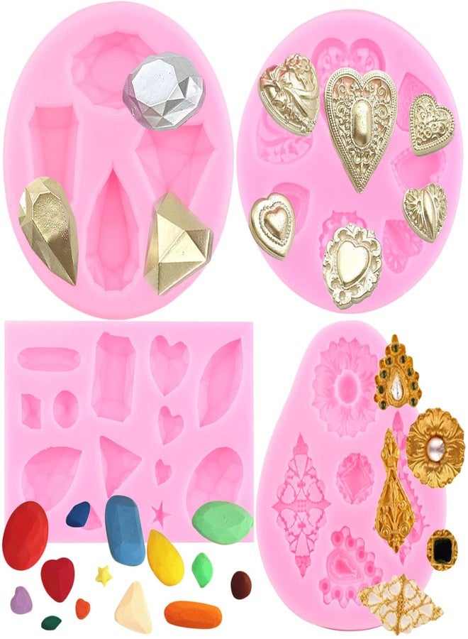 Mujiang Gem Diamond Silicone Molds Jewelry Brooch Fondant Mold For Cake Decoration Cupcake Topper Candy Chocolate Polymer Clay Gum Paste Set Of 4 - Image 1