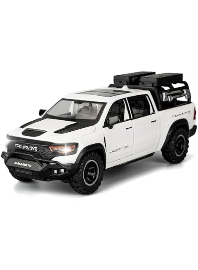 Dodge Ram Mammoth Pick-Up Truck Model Car, Zinc Alloy Pull Back Toy car with Sound and Light for Kids Boy Girl Gift(White) - Image 1