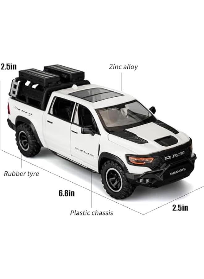 Dodge Ram Mammoth Pick-Up Truck Model Car, Zinc Alloy Pull Back Toy car with Sound and Light for Kids Boy Girl Gift(White) - Image 2