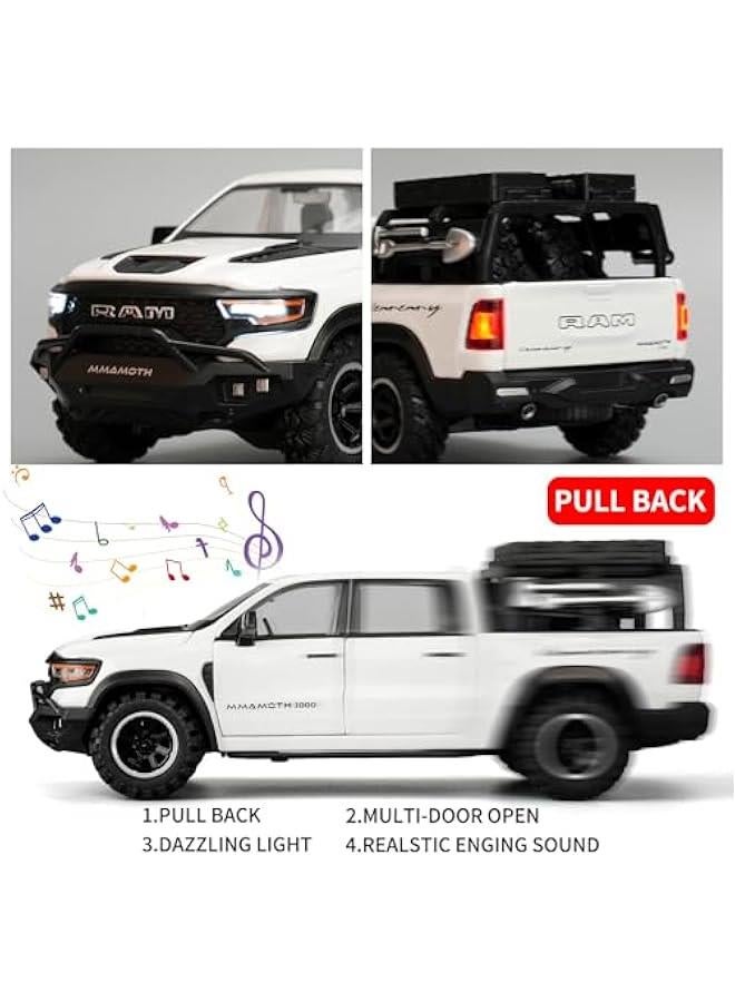 Dodge Ram Mammoth Pick-Up Truck Model Car, Zinc Alloy Pull Back Toy car with Sound and Light for Kids Boy Girl Gift(White) - Image 3