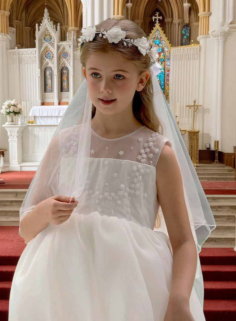Floral Fall First Communion Flower Girl Bow Wedding Veil White Flower Wreath Pearl Rhinestone Floral Crown (White Pearl Crown) - Image 3