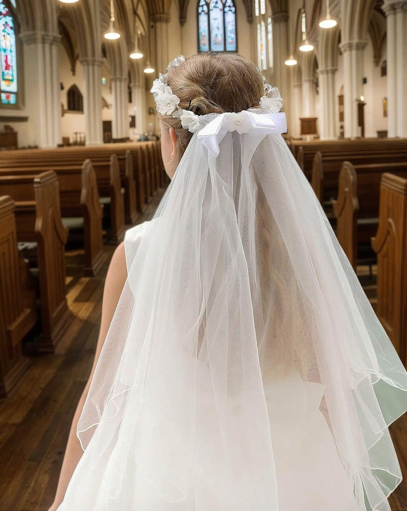 Floral Fall First Communion Flower Girl Bow Wedding Veil White Flower Wreath Pearl Rhinestone Floral Crown (White Pearl Crown) - Image 4