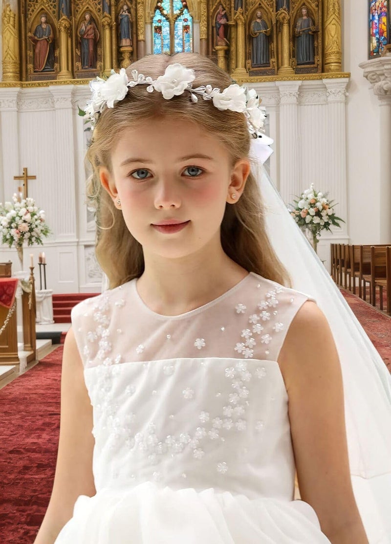 Floral Fall First Communion Flower Girl Bow Wedding Veil White Flower Wreath Pearl Rhinestone Floral Crown (White Pearl Crown) - Image 5