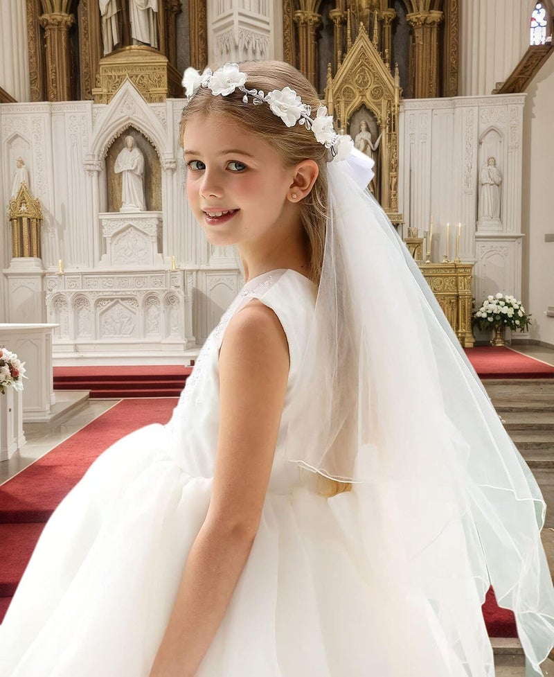 Floral Fall First Communion Flower Girl Bow Wedding Veil White Flower Wreath Pearl Rhinestone Floral Crown (White Pearl Crown) - Image 2