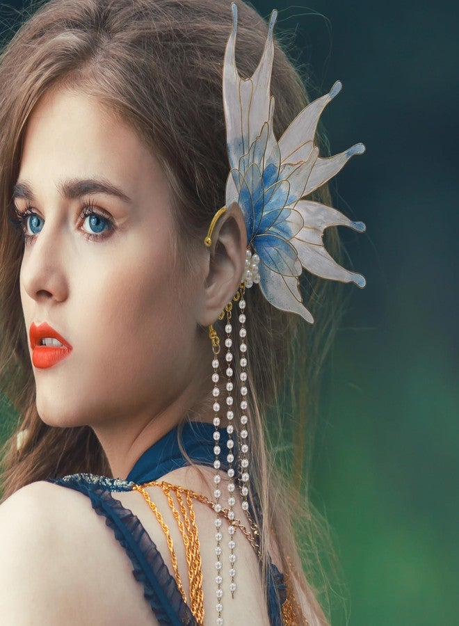 FRESHME Elf Ear Cuffs Mermaid - Fairy Ears Princess Blue Auricular Fins Earring with Pearl Tassel No Piercing Earrings Dress up Mermaid Christmas Halloween Renaissance Cosplay Party Costume Accessorie - Image 2