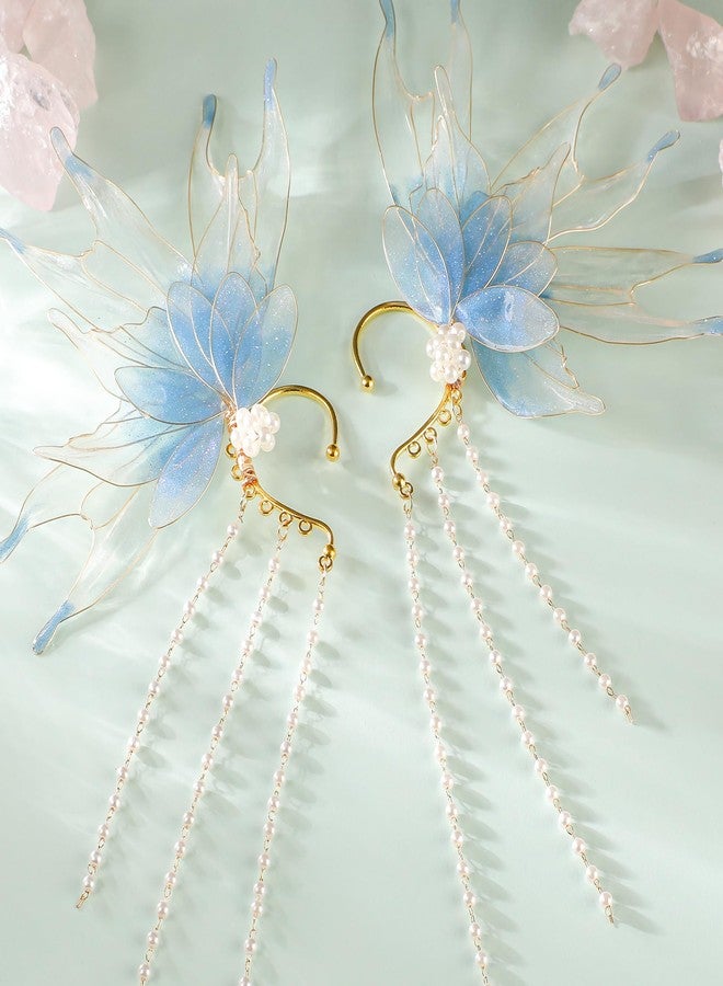FRESHME Elf Ear Cuffs Mermaid - Fairy Ears Princess Blue Auricular Fins Earring with Pearl Tassel No Piercing Earrings Dress up Mermaid Christmas Halloween Renaissance Cosplay Party Costume Accessorie - Image 4