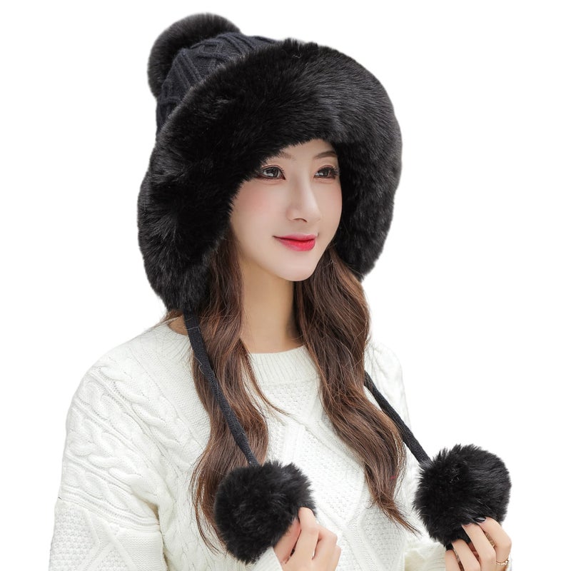 HUAMULAN Women Winter Beanie Hat Earflap Peruvian Warm Slouchy Fleece Lined 3 Pom Poms Knit Cap Cute Sherpa Fluffy Ski Hats - Image 1