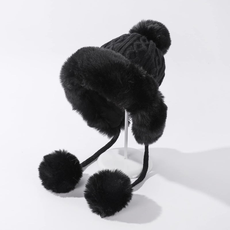 HUAMULAN Women Winter Beanie Hat Earflap Peruvian Warm Slouchy Fleece Lined 3 Pom Poms Knit Cap Cute Sherpa Fluffy Ski Hats - Image 2