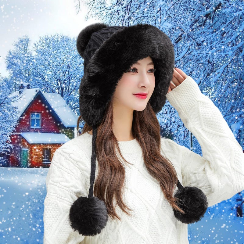 HUAMULAN Women Winter Beanie Hat Earflap Peruvian Warm Slouchy Fleece Lined 3 Pom Poms Knit Cap Cute Sherpa Fluffy Ski Hats - Image 4