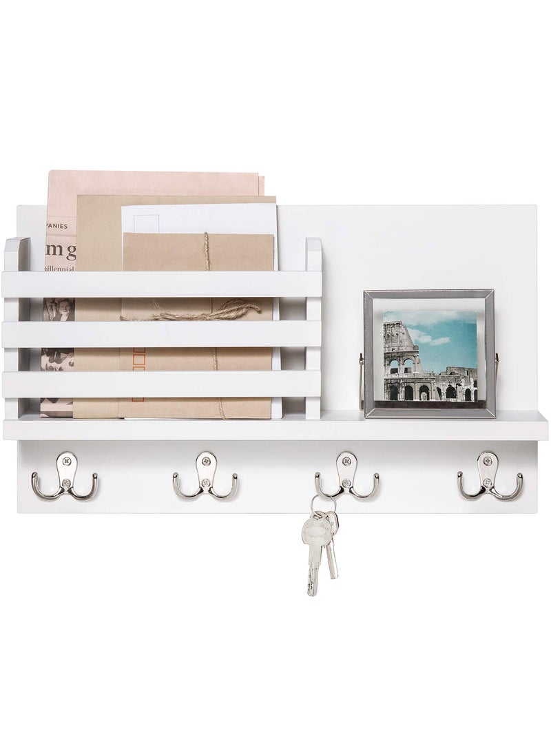 Dahey Dahey Wall Mounted Mail Holder Wooden Key Holder Rack Mail Sorter Organizer with 4 Double Key Hooks and A Floating Shelf Rustic Home Decor for Entryway or Mudroom157 W x93 Hx32 D White 