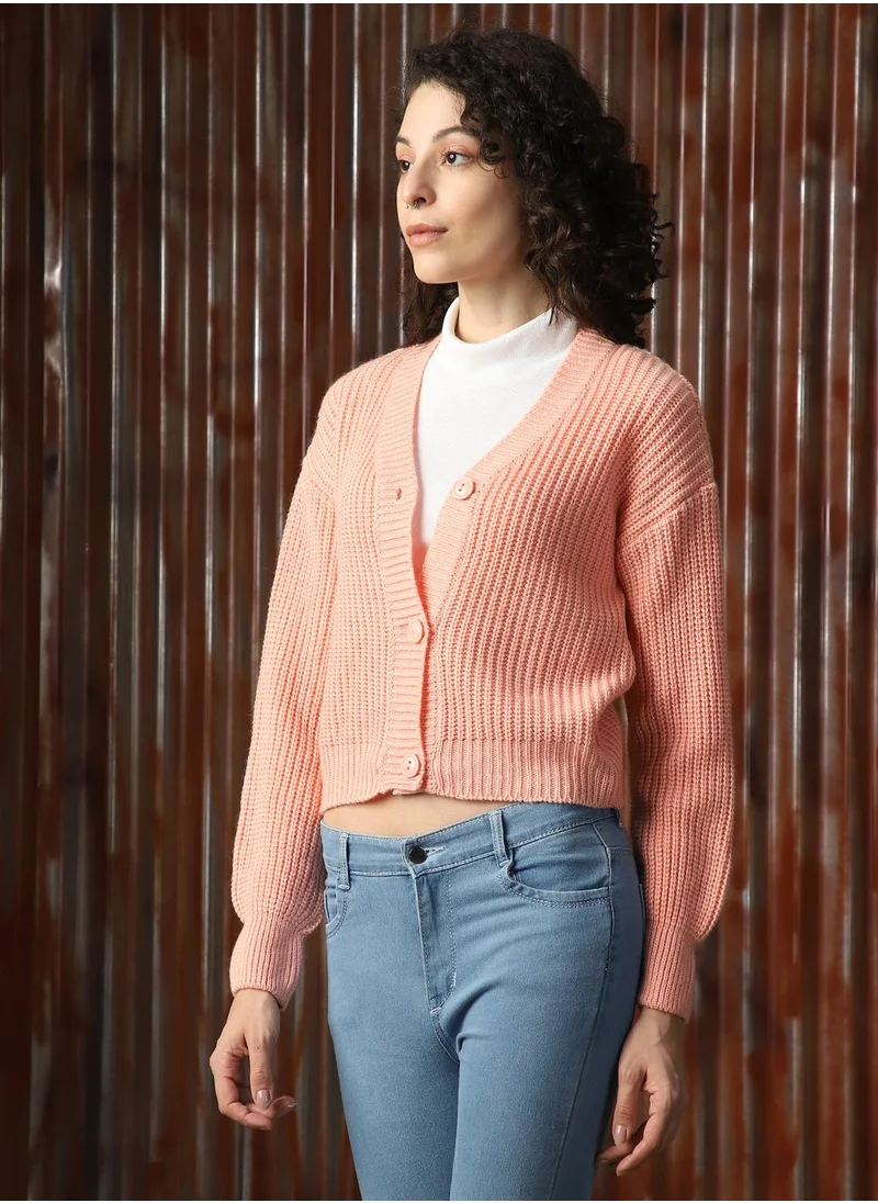 هاي ستار Women's Apricot 100% Acrylic Solid Sweater