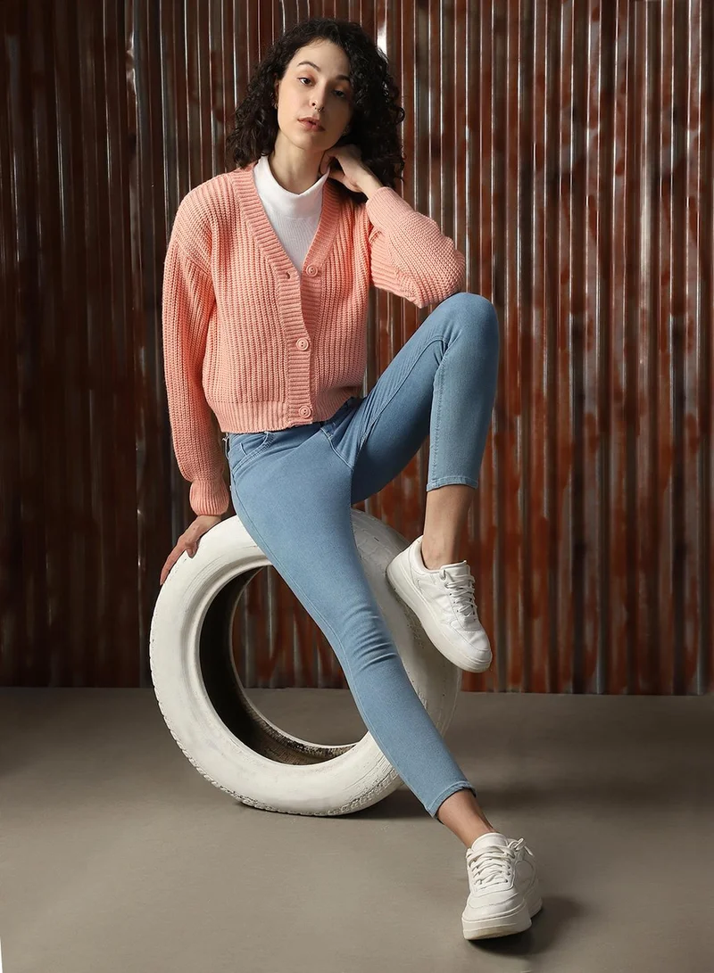 HIGH STAR Women's Apricot 100% Acrylic Solid Sweater