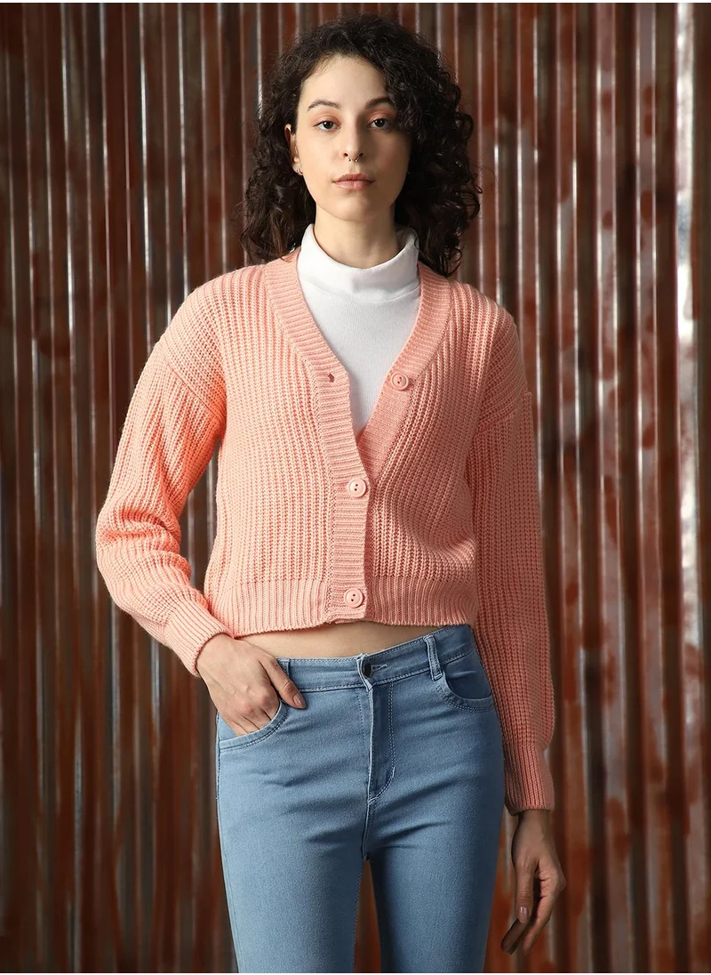 هاي ستار Women's Apricot 100% Acrylic Solid Sweater