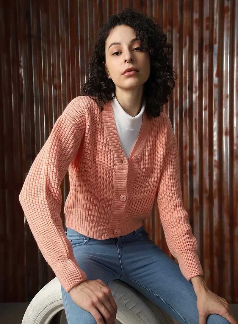 HIGH STAR Women's Apricot 100% Acrylic Solid Sweater
