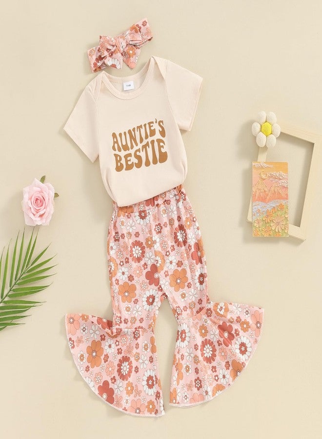SAYOO Aunties Bestie Baby Clothes Girl Baby Girl Aunt Saying Letter Romper Shirt Floral Flare Pants Headband 3Pcs Outfit (A Beige, 3-6 Months) - Image 2
