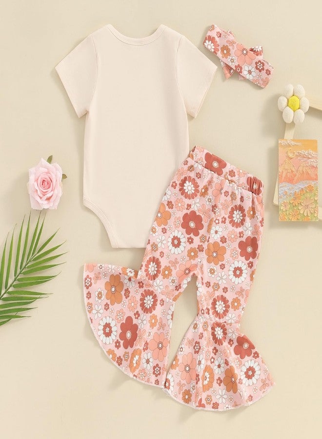 SAYOO Aunties Bestie Baby Clothes Girl Baby Girl Aunt Saying Letter Romper Shirt Floral Flare Pants Headband 3Pcs Outfit (A Beige, 3-6 Months) - Image 3