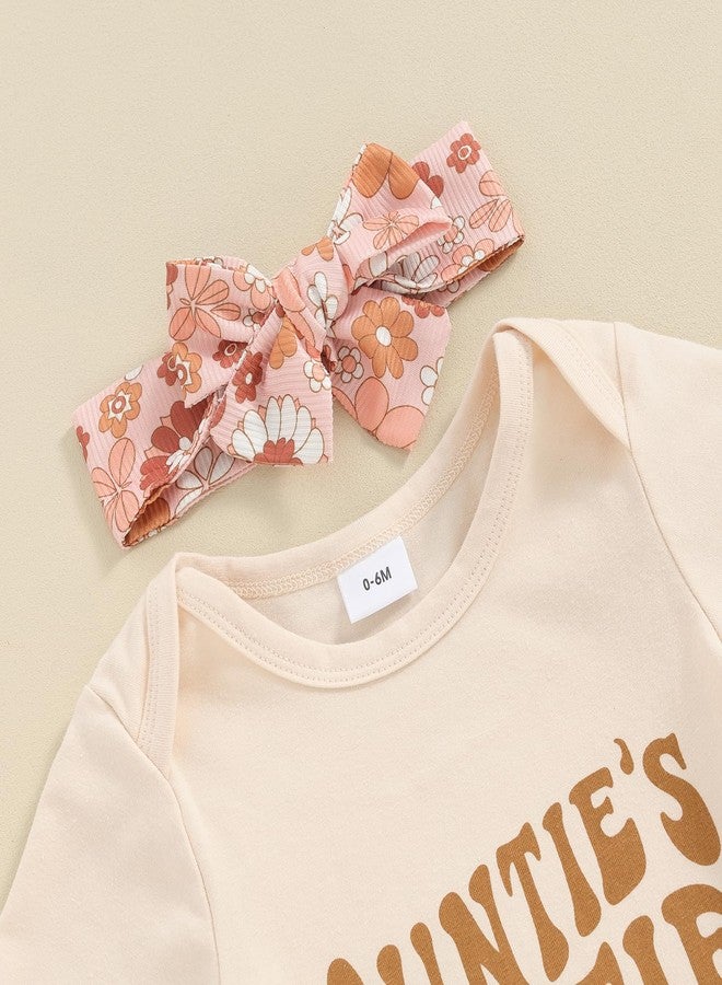 SAYOO Aunties Bestie Baby Clothes Girl Baby Girl Aunt Saying Letter Romper Shirt Floral Flare Pants Headband 3Pcs Outfit (A Beige, 3-6 Months) - Image 4