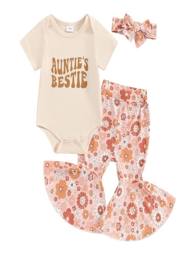 SAYOO Aunties Bestie Baby Clothes Girl Baby Girl Aunt Saying Letter Romper Shirt Floral Flare Pants Headband 3Pcs Outfit (A Beige, 3-6 Months) - Image 1