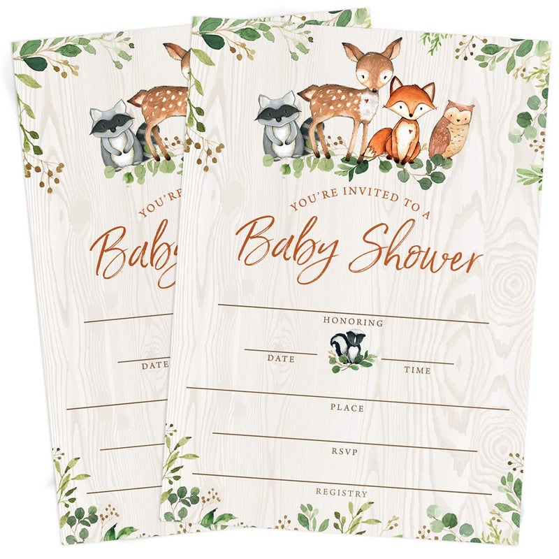 Printed Party Baby Shower Invitations and Envelopes, Woodland Animals, Set of 25 - Image 2
