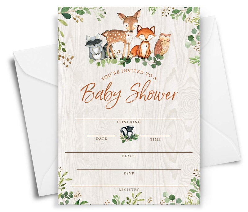 Printed Party Baby Shower Invitations and Envelopes, Woodland Animals, Set of 25 - Image 3