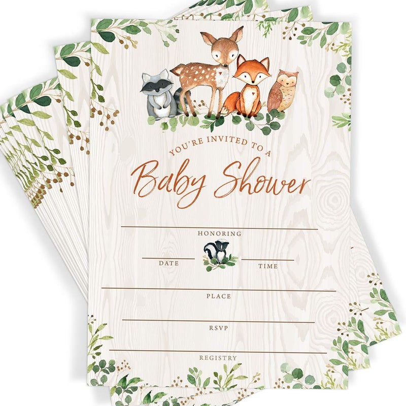Printed Party Baby Shower Invitations and Envelopes, Woodland Animals, Set of 25 - Image 1