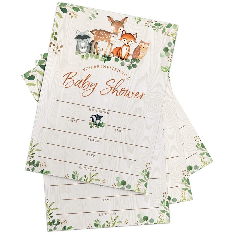 Printed Party Baby Shower Invitations and Envelopes, Woodland Animals, Set of 25 - Image 4