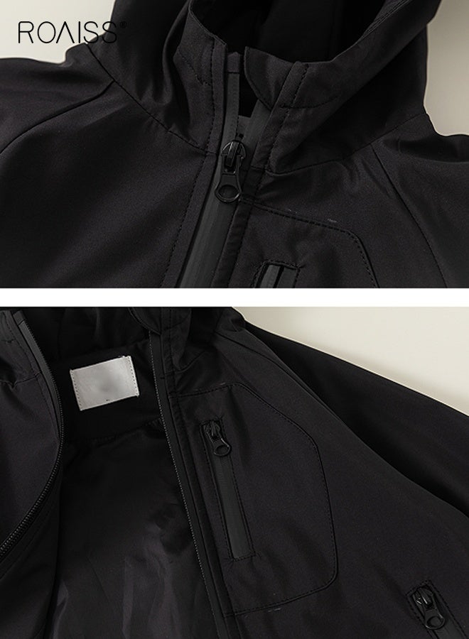 رويس سترة خارجية أنيقة للأولاد، معطف مقاوم للرياح بسحاب، سترة عصرية بغطاء رأس وجيبين بسحاب، سترة مطر متينة للأولاد، مناسبة للارتداء اليومي والمدرسة والأنشطة الخارجية - Image 3