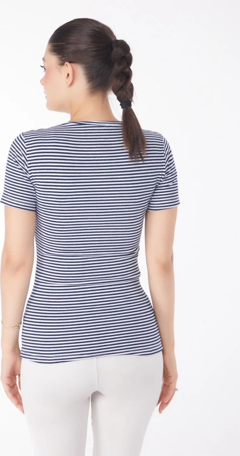 Tofisa Plain Crew Neck Women's Navy Blue Striped Short Sleeve T-Shirt - 25763