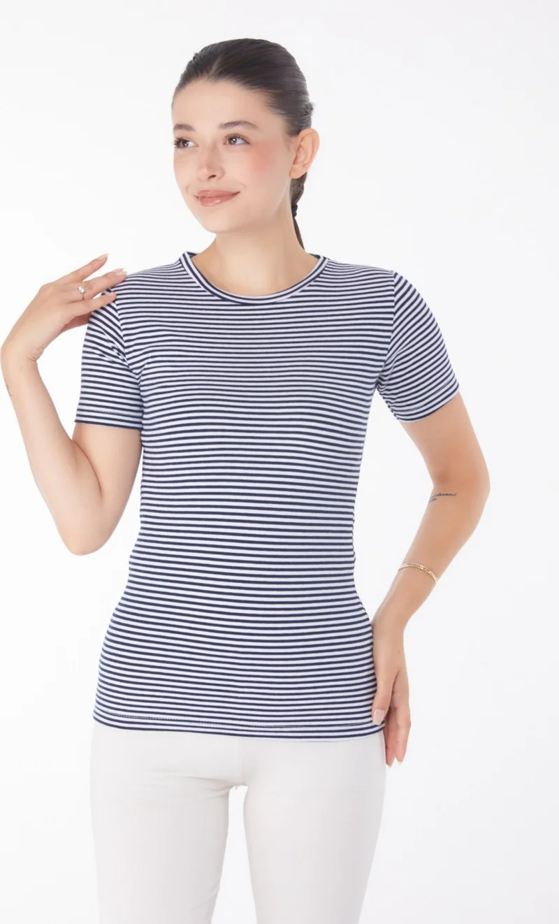 Tofisa Plain Crew Neck Women's Navy Blue Striped Short Sleeve T-Shirt - 25763