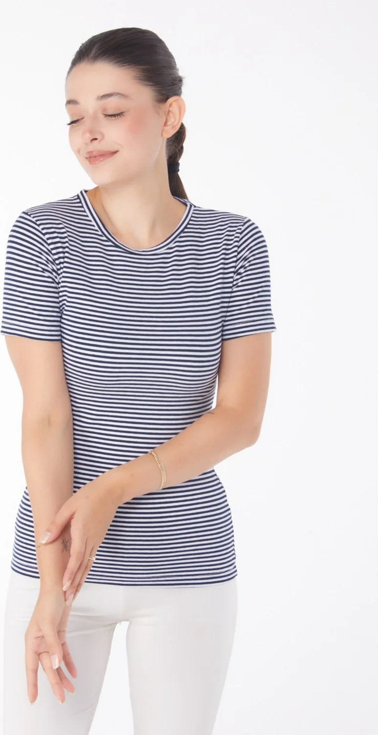 Tofisa Plain Crew Neck Women's Navy Blue Striped Short Sleeve T-Shirt - 25763