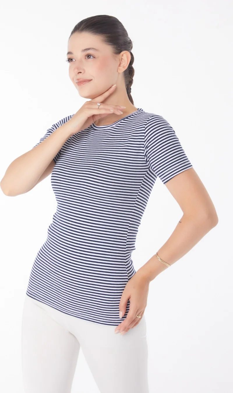 Tofisa Plain Crew Neck Women's Navy Blue Striped Short Sleeve T-Shirt - 25763