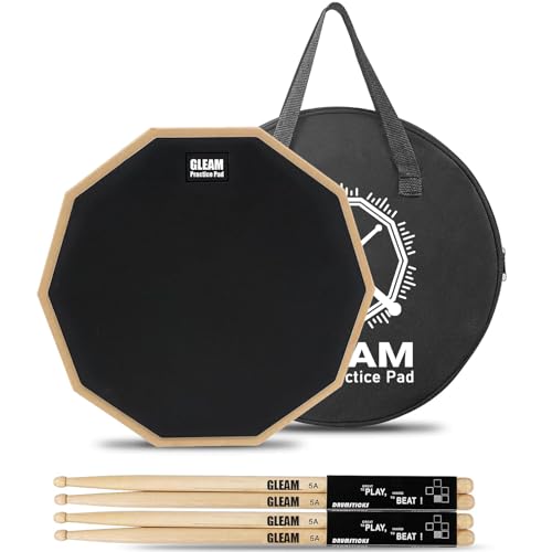 GLEAM 12 inch Drum Practice Pad with Carrying Bag and 2 Pairs Drum Sticks - Rubber Surface High Density Compressed Wood Foam Backside Black (Double-sided) - Image 1