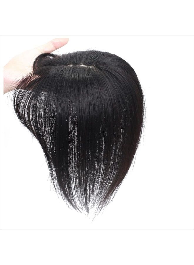 LesafeV Middle Part Silk Part Base Human Hair Topper 7x10cm Forehead Straight Clip in Hairpiece with Wispy Fringe 20cm Off Black - Image 3