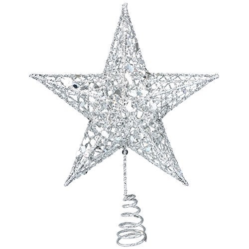 Resinta 8 Inch Metal Glittered Christmas Tree Topper Hallow Wire Star Topper for Christmas Tree Ornament Silver - Image 1
