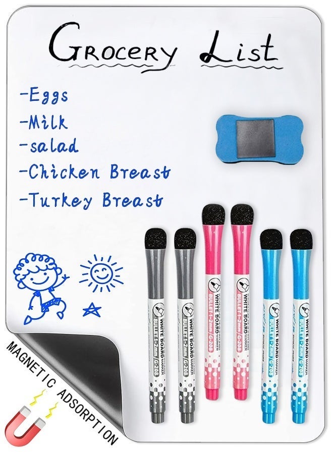 لوحة بيضاء مغناطيسية متعددة الاستخدامات وقابلة للمسح، مقاس A4، مزودة بـ 6 أقلام وممسحة للوحات البيضاء، بزوايا مستديرة ومزودة بمغناطيس للتثبيت، مناسبة لقوائم التسوق على الثلاجة، ولوحات المعلومات الدراسية، ولوحات الإعلانات المكتبية، الحجم: 12 بوصة × 8 بوصة (30 × 21 سم) - Image 1