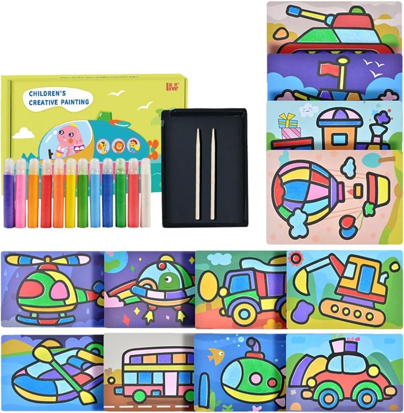 Luckam طقم رسم الرمل للأطفال، أدوات رسم الرمل الملونة مع 12 رمل و 12 لوحة، ألعاب فن الرمل على الطاولة، فن الرمل DIY، فرشاة قلم خشبي للرمل للأطفال (حيوانات) - Image 1