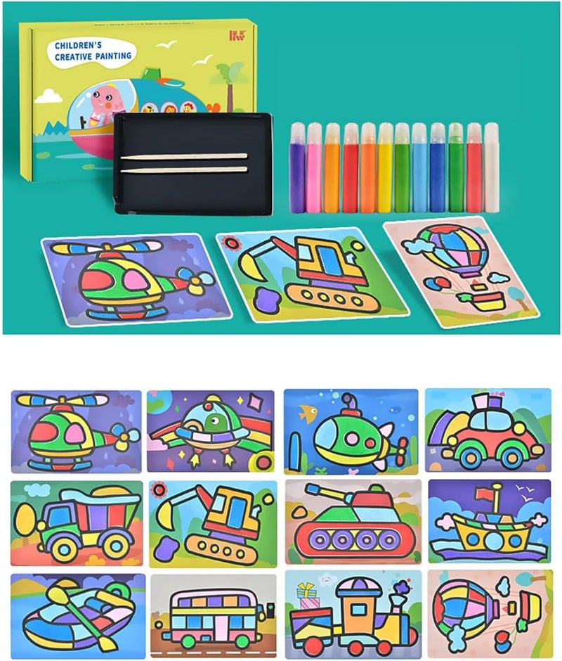 Luckam طقم رسم الرمل للأطفال، أدوات رسم الرمل الملونة مع 12 رمل و 12 لوحة، ألعاب فن الرمل على الطاولة، فن الرمل DIY، فرشاة قلم خشبي للرمل للأطفال (حيوانات) - Image 2